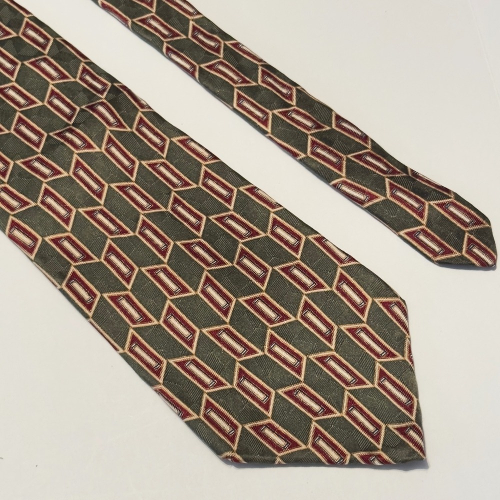 Neo Bill Blass Silk Tie Green Burgundy Geometric Vtg Professional Necktie 55x4"